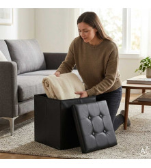 Taburet Pliabil Negru cu Spatiu de Depozitare 39L Piele Ecologica 38x38x36 cm