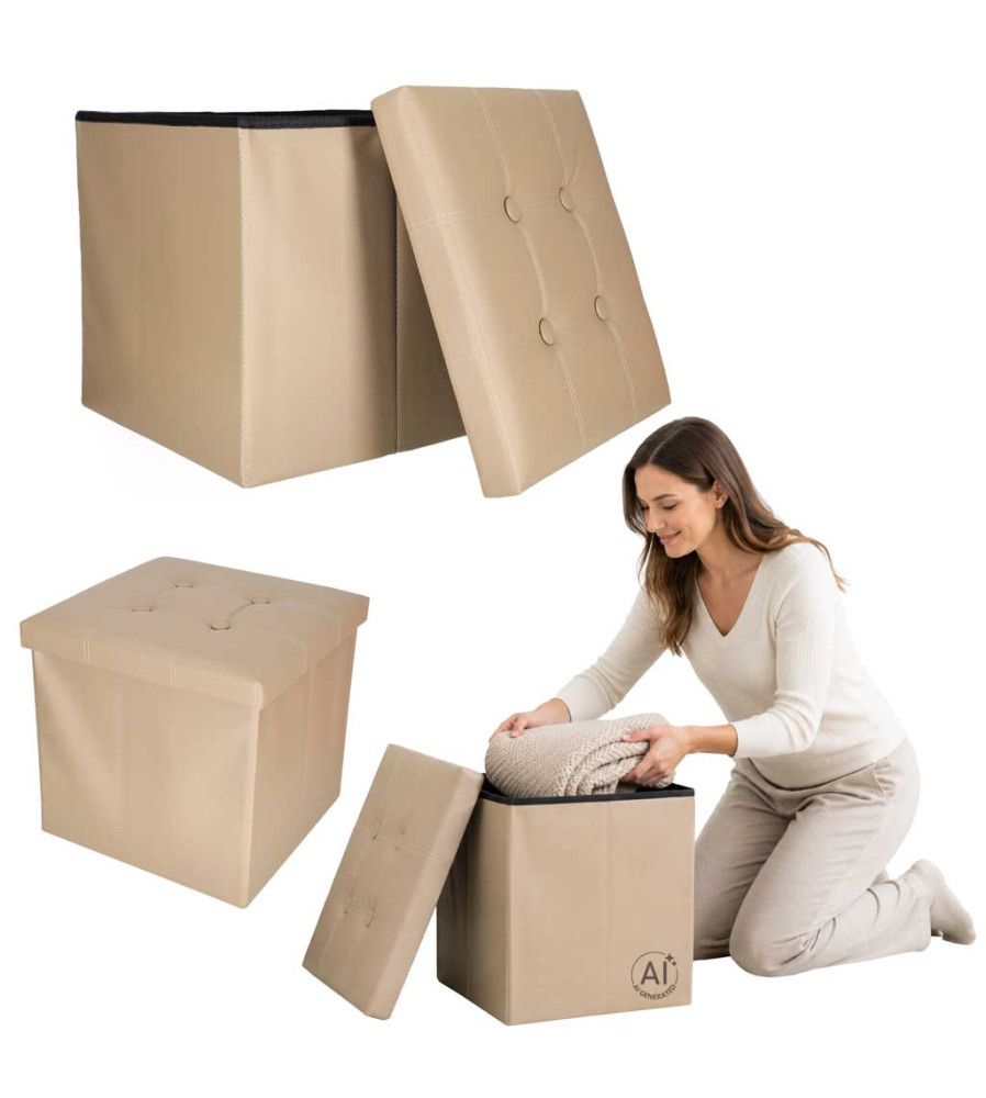 Taburet Pliabil Bej cu Spatiu de Depozitare 39L Piele Ecologica 38x38x36 cm