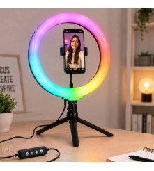 Lampa Circulara LED RGB 26 cm cu Stativ si Suport Telefon pentru Selfie Video Live