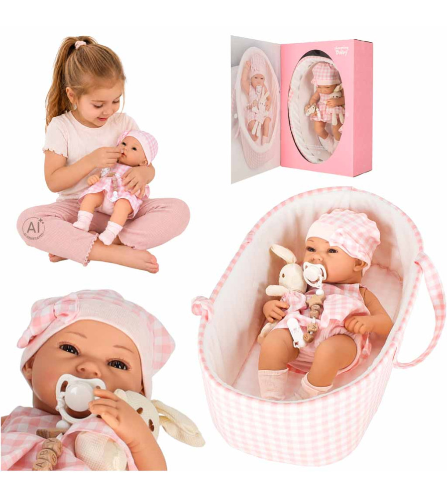 Papusa Bebelus 38 cm cu Marsupiu Iepuras Suzeta si Accesorii Roz
