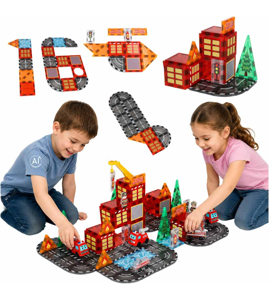 Blocuri Magnetice 3D Pompieri 92 Piese cu 2 Masini Set Constructie STEM pentru Copii