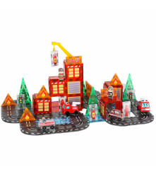 Blocuri Magnetice 3D Pompieri 92 Piese cu 2 Masini Set Constructie STEM pentru Copii