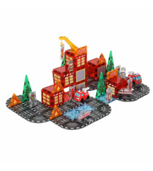 Blocuri Magnetice 3D Pompieri 92 Piese cu 2 Masini Set Constructie STEM pentru Copii