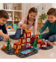 Blocuri Magnetice 3D Pompieri 92 Piese cu 2 Masini Set Constructie STEM pentru Copii
