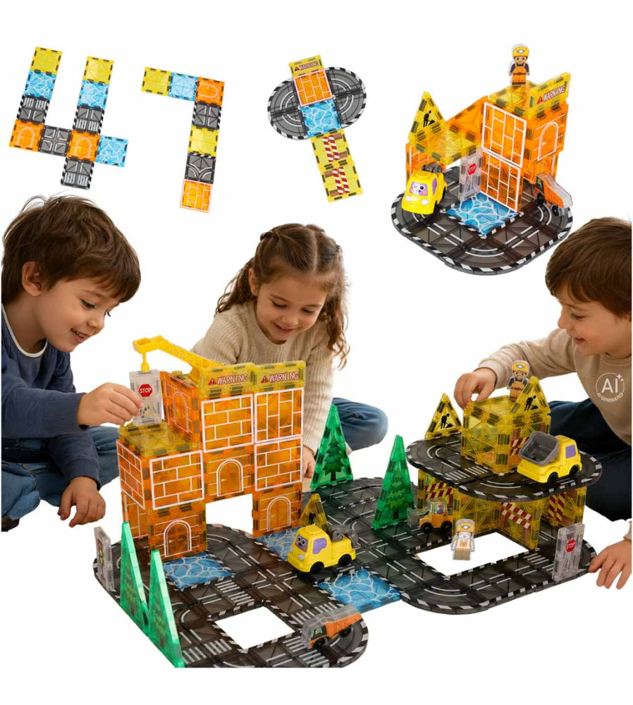 Blocuri Magnetice 3D Utilaje Constructii 92 Piese Portocaliu Set STEM Copii