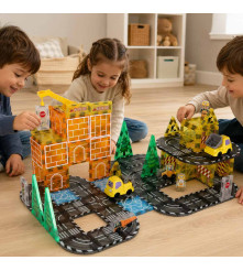 Blocuri Magnetice 3D Utilaje Constructii 92 Piese Portocaliu Set STEM Copii