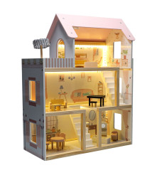 Casuta Papusi din Lemn cu Mobilier si LED 78 cm Roz