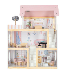 Casuta Papusi din Lemn cu Mobilier si LED 78 cm Roz