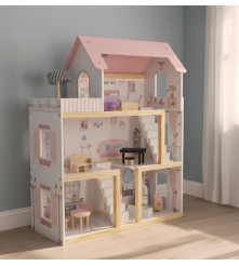 Casuta Papusi din Lemn cu Mobilier si LED 78 cm Roz