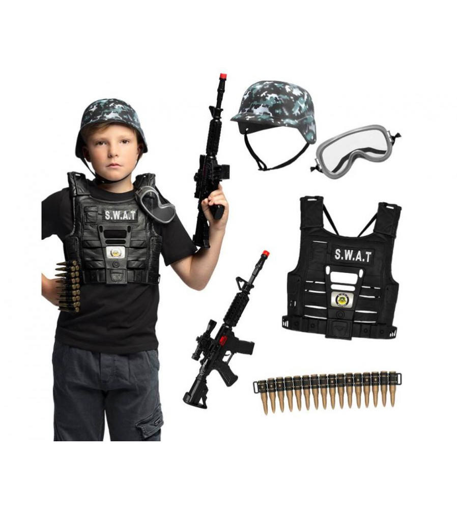 Set Costum S.W.A.T. pentru Copii cu Casca, Vesta, Ochelari si Pusca