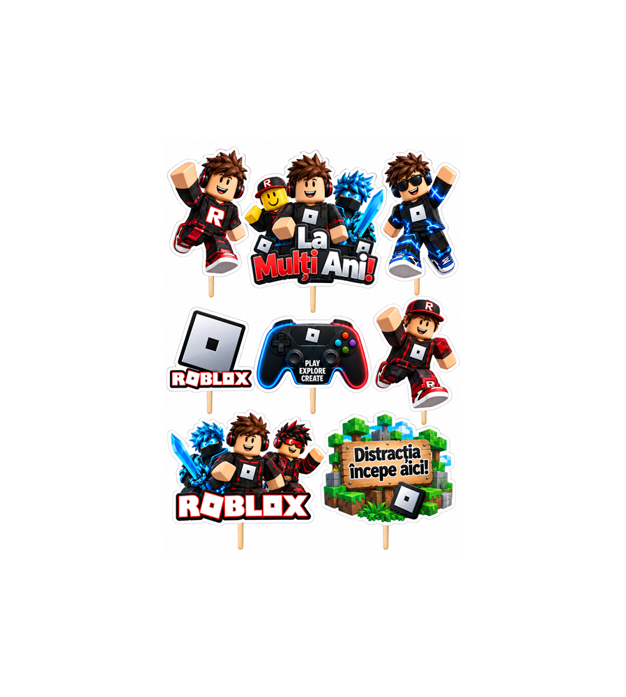 Set 8 Toppere Model Roblox pentru Tort, Carton Foliat