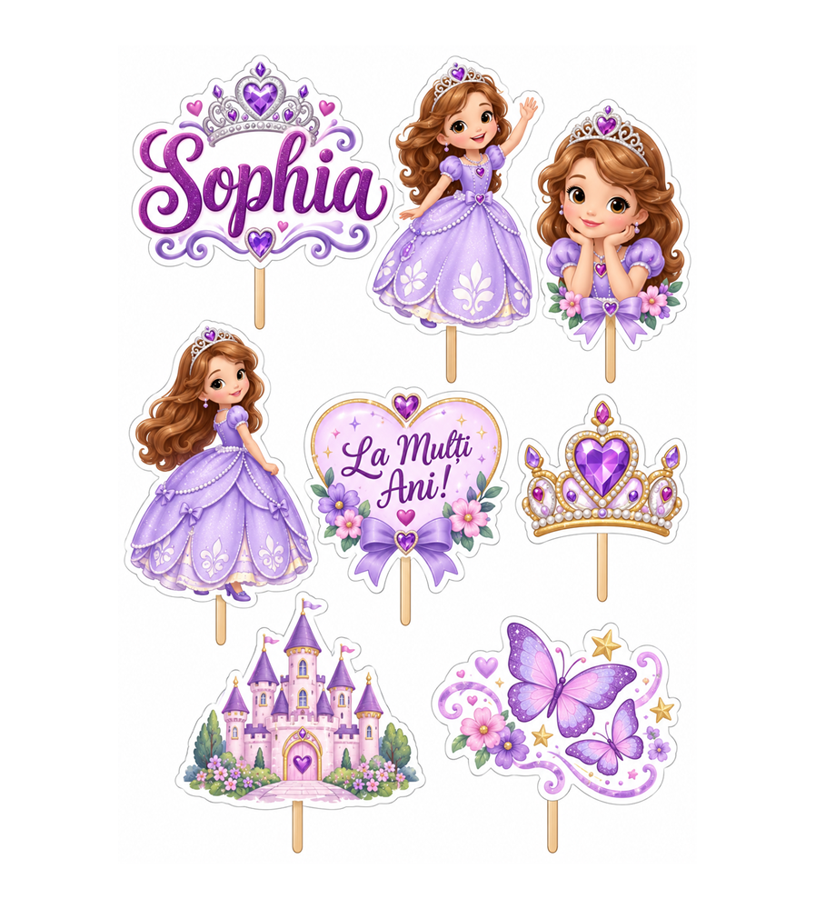 Set 8 Toppere Model Prințesa Sofia pentru Tort, Carton Foliat