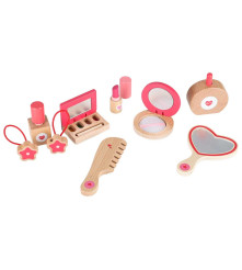 Set cosmetic din lemn pentru fetițe cu trusă cosmetică si 10 Accesorii, 3+ Ani