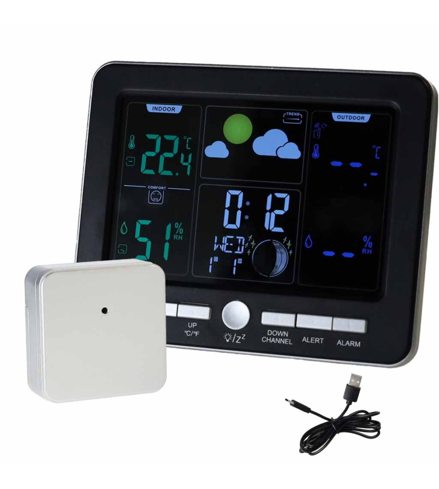 Statie Meteo Digitala cu Senzor Exterior, Termometru, Higrometru, Ceas, Alarma USB-C