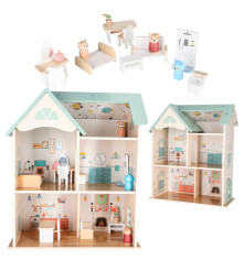 Casa de Papusi din Lemn cu Mobilier si Figurine 56 cm Menta