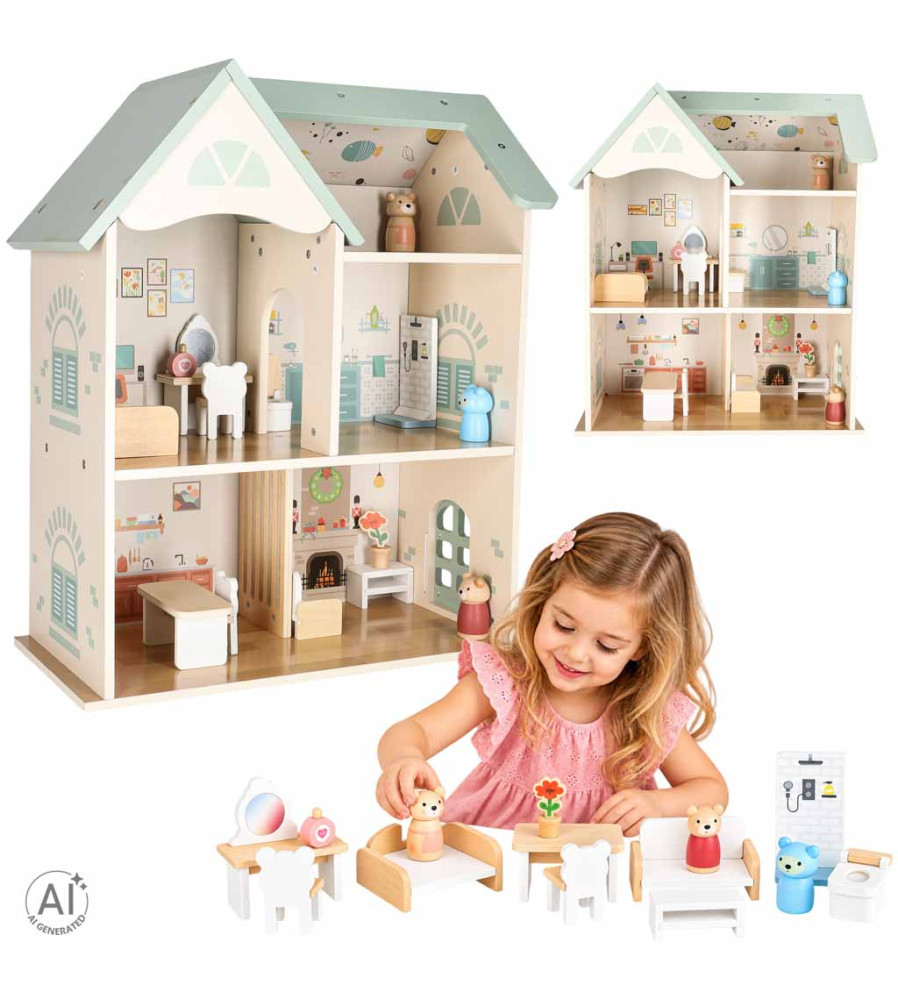 Casa de Papusi din Lemn cu Mobilier si Figurine 56 cm Menta