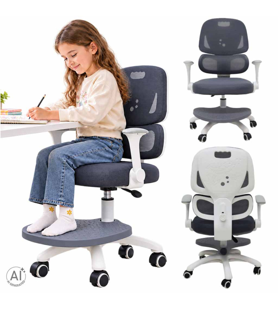 Scaun Ergonomic de Birou pentru Copii Rotativ si Reglabil cu Suport Picioare Gri