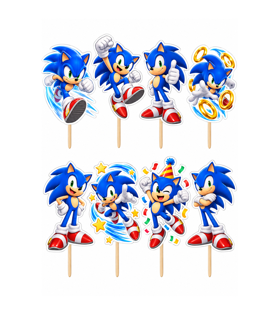 Set 8 Toppere Model Sonic pentru Tort, Carton Foliat