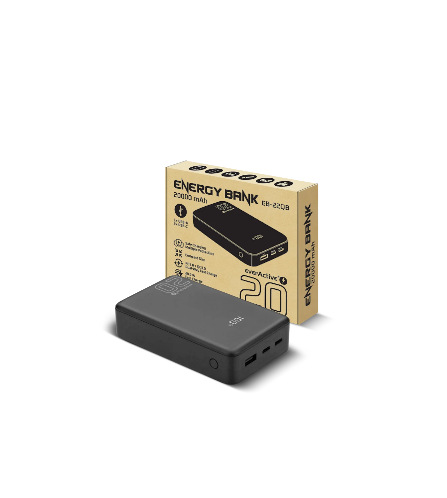 Baterie Externa everActive EB-22QB 20000mAh 20W 2x USB-C + USB-A ecran LCD