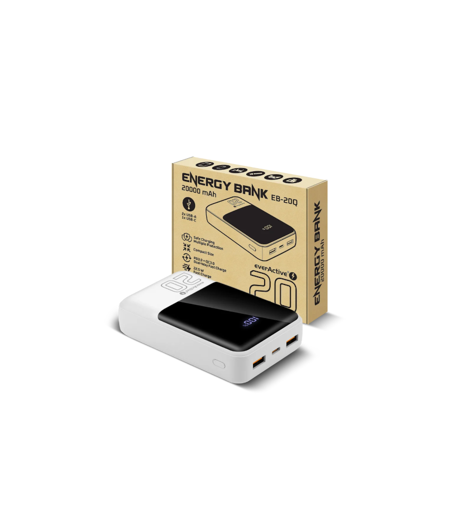 Baterie Externa everActive EB-20Q 20000mAh 22.5W USB-C + 2x USB-A ecran LCD Alb