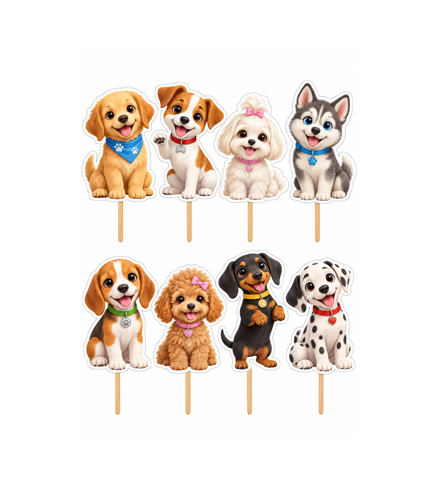 Set 8 Toppere Model Cățeluși pentru Tort, Carton Foliat