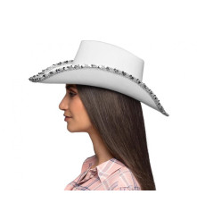 RESIGILAT Palarie cowboy dama, alb cu pietre  argintii (cowgirl)