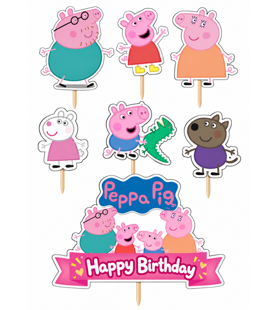 Set 7 Toppere Model Peppa Pig pentru Tort, Carton Foliat 5-10 cm
