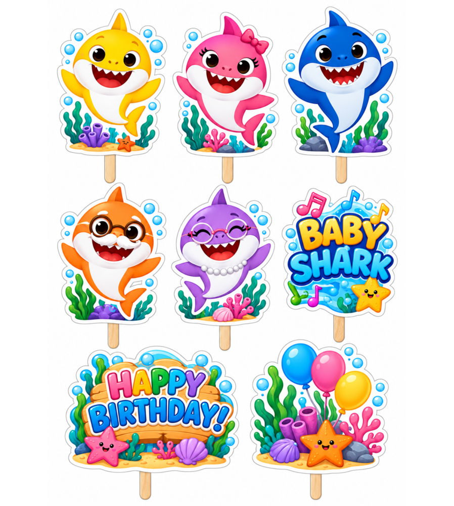 Set 8 Toppere Model Baby Shark pentru Tort, Carton Foliat