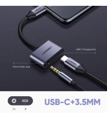 Adaptor Audio UGREEN USB-C la Jack 3.5mm si USB-C, Incarcare si Casti, Gri