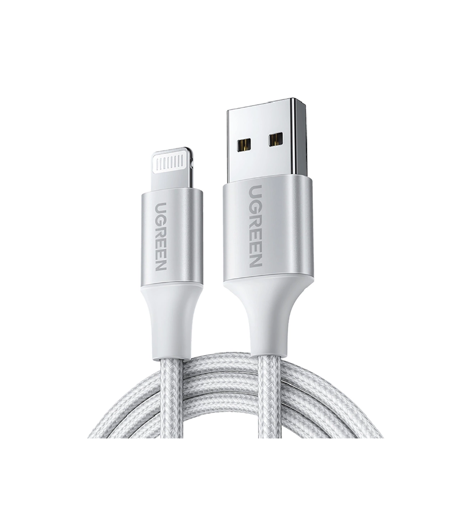 Cablu UGREEN US199 USB-A la Lightning 1.5m, 2.4A, MFi, 480 Mbps, Impletit, Argintiu