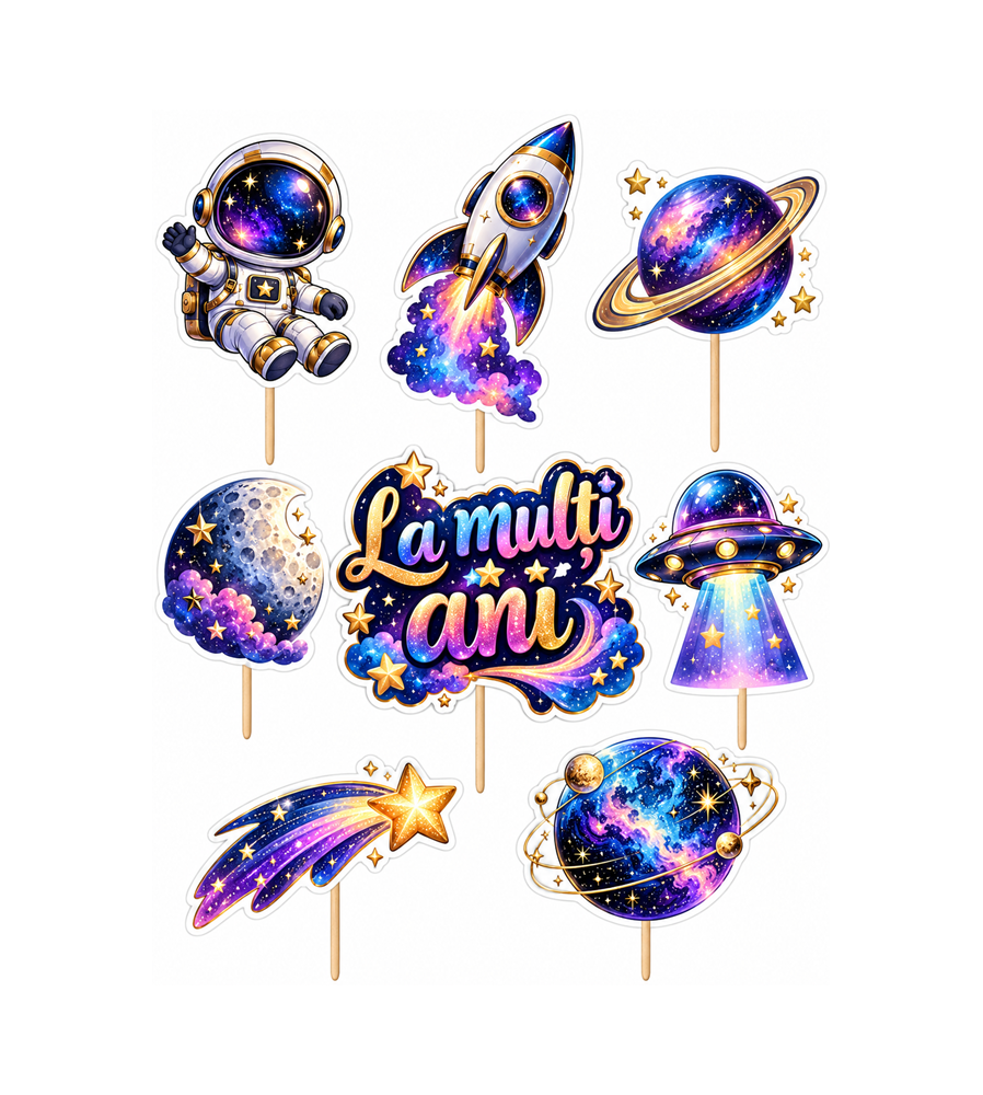 Set 8 Toppere pentru Tort Tema Galaxy, Spatiu Cosmic, Planete si Rachete, 5-10 cm