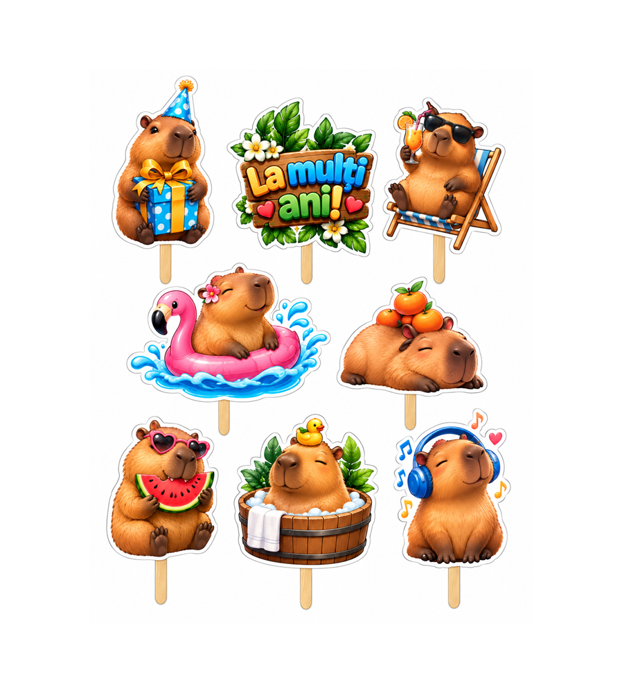 Set 8 Toppere pentru Tort Model Capibara, Animale Dragute, Decor Aniversare, 5-10 cm