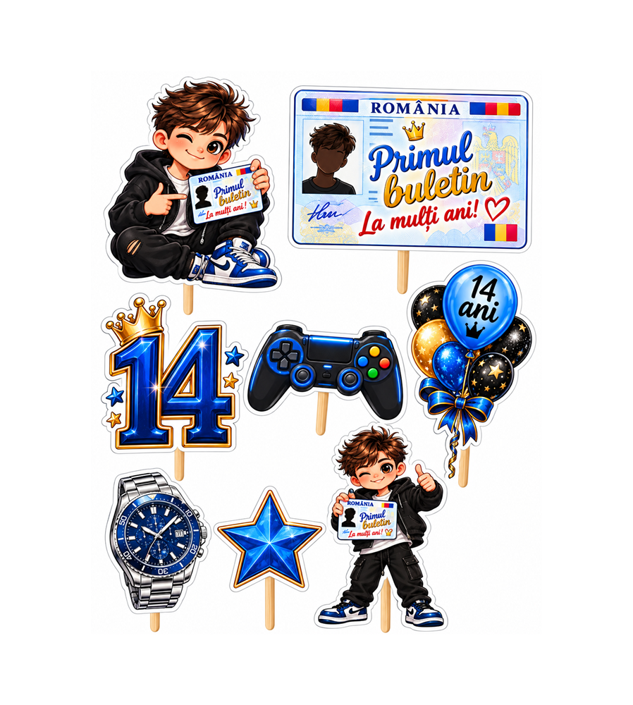 Set 8 Toppere pentru Tort La Multi Ani 14 Ani, Primul Buletin, Majorat Mic Baiat, 5-10 cm