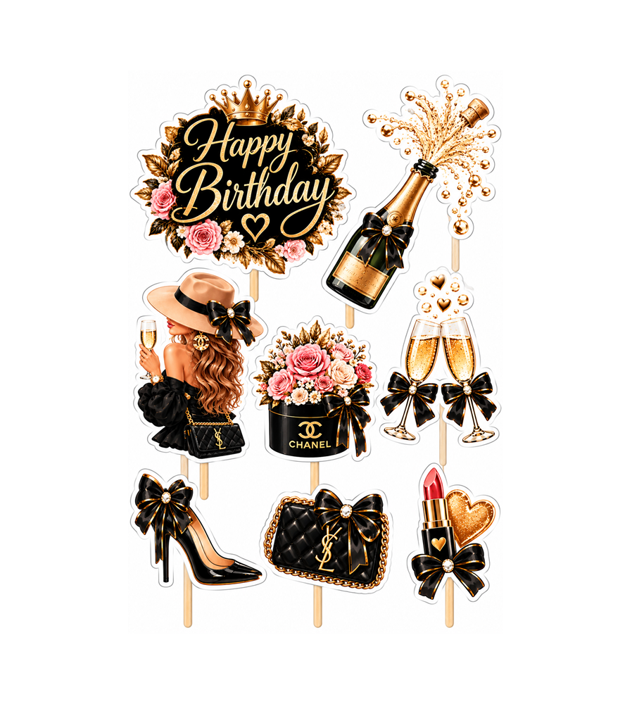 Set 8 Toppere pentru Tort Happy Birthday Fete, Decor Aniversare Roz, 5-10 cm