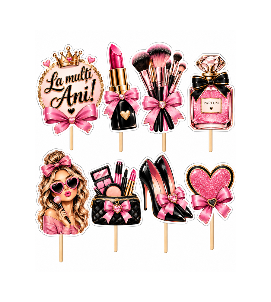 Set 8 Toppere pentru Tort Tema Machiaj si Beauty, Accesorii Makeup, Aniversare Fete, 5-10 cm